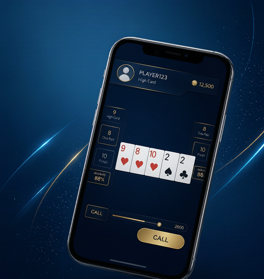 HHPoker APP下载 - 蓝金科技风格手机展示